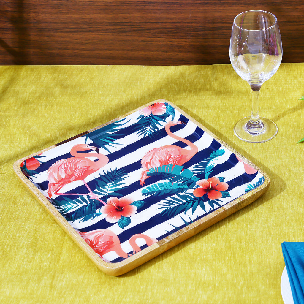 Tropical Flamingo Wooden Serving Platter - Square