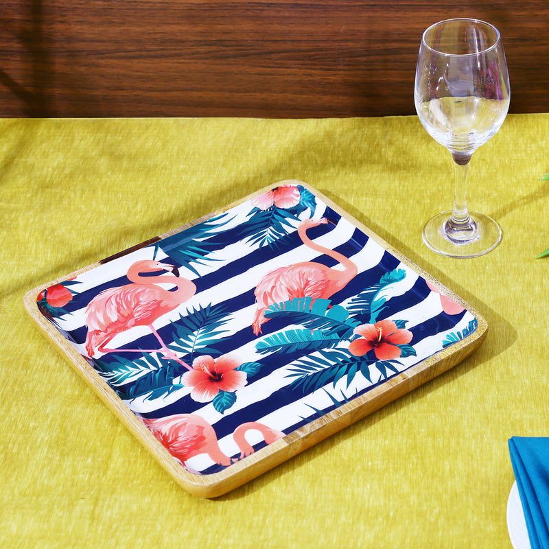 Tropical Flamingo Wooden Serving Platter - Square