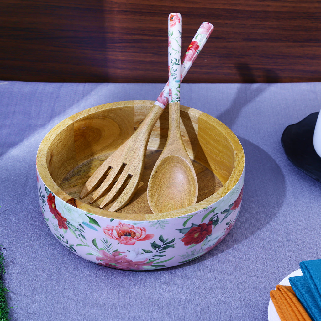 Vintage Floral Wooden Salad Bowl with Servers Set