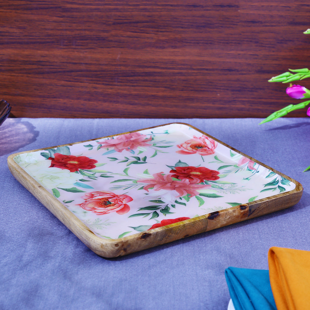 Vintage Floral Wooden Serving Platter - Square