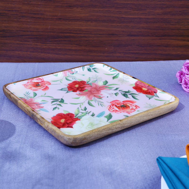 Vintage Floral Wooden Serving Platter - Square