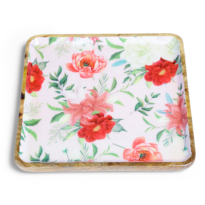 Vintage Floral Wooden Serving Platter - Square