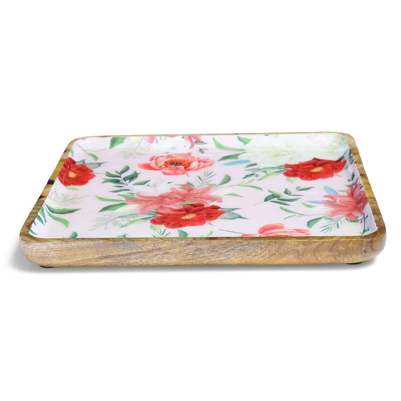 Vintage Floral Wooden Serving Platter - Square