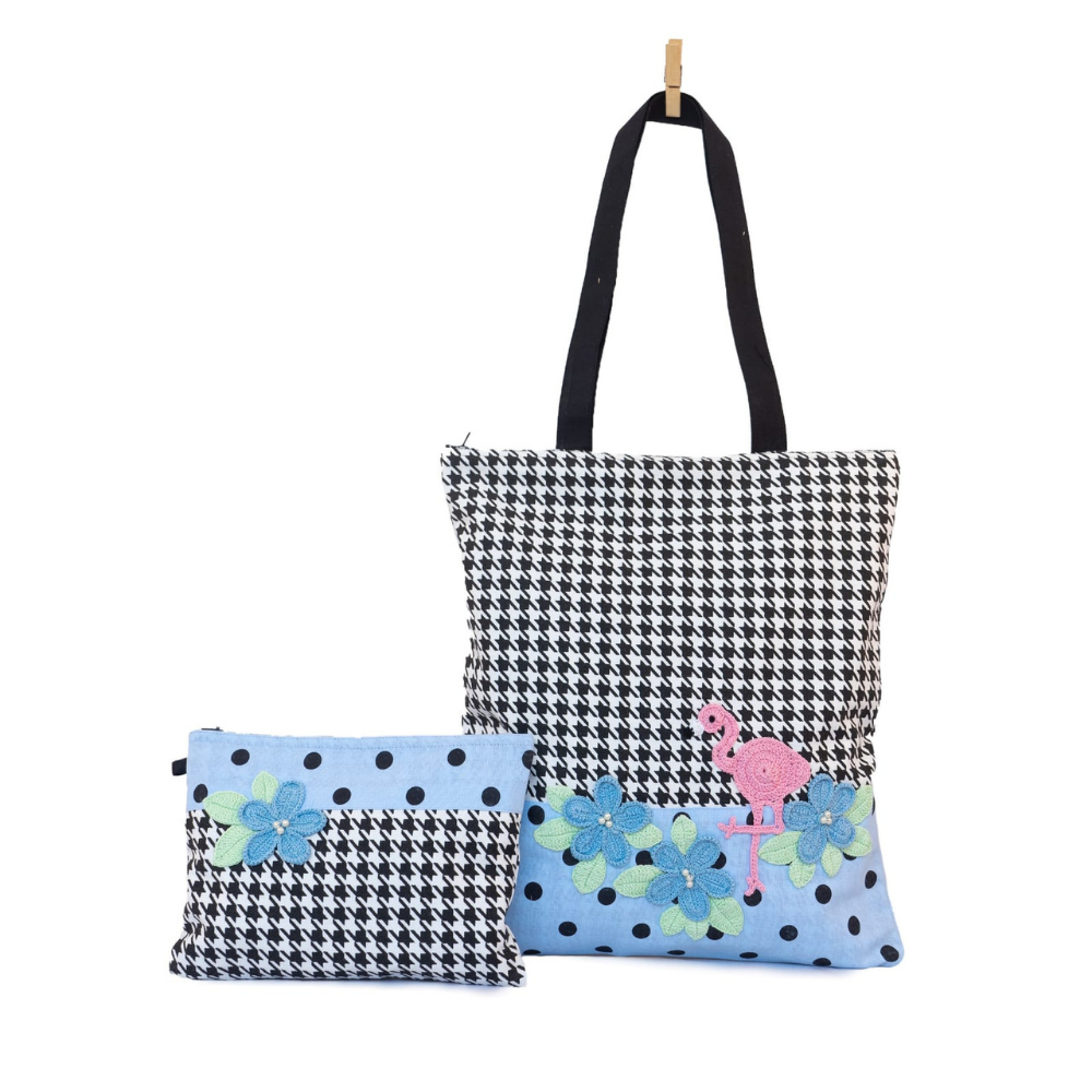 Floral Women's Tote Bag With Pouch - Blue