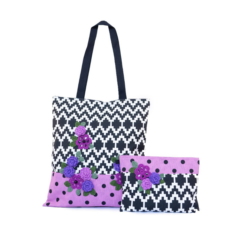 Floral Women's Tote Bag With Pouch - Purple