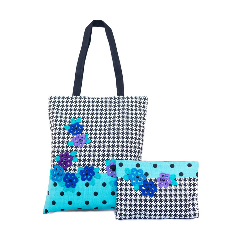 Floral Women's Tote Bag With Pouch - Sky Blue