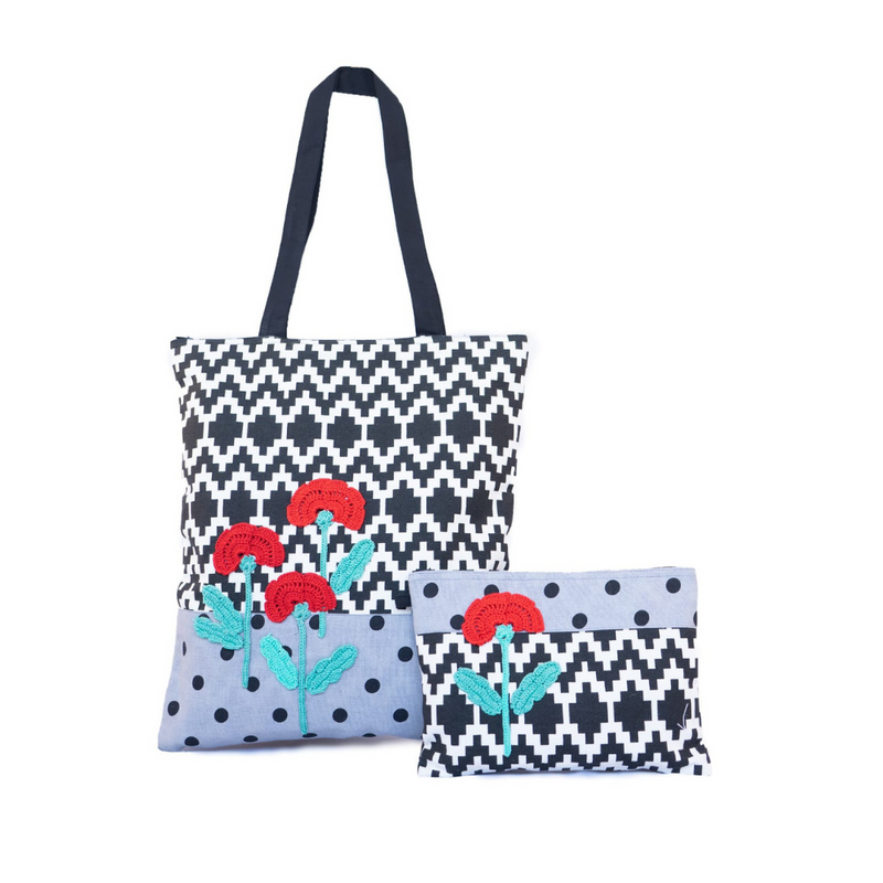 Floral Women's Tote Bag With Pouch - Grey