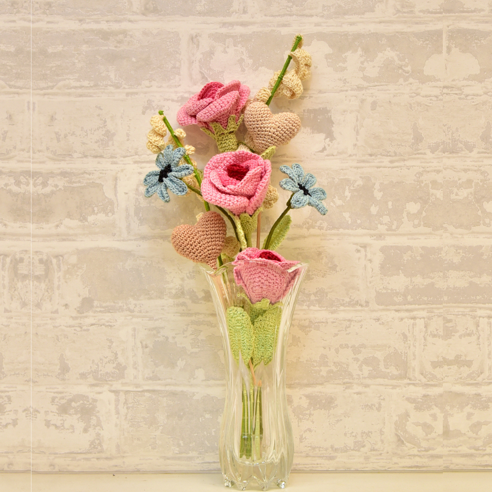 Handcrafted Crochet Rose & Heart Bouquet