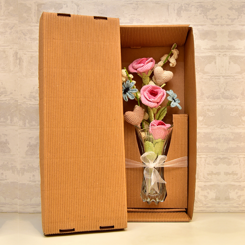 Handcrafted Crochet Rose & Heart Bouquet