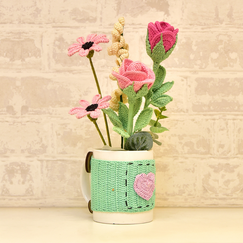 Handcrafted Crochet Rose & Daisy Mug  Bouquet