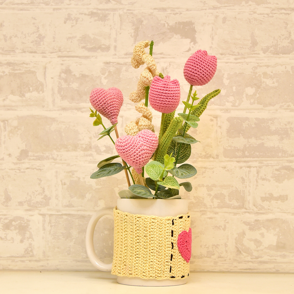 Handcrafted Crochet Heart & Tulip Mug  Bouquet