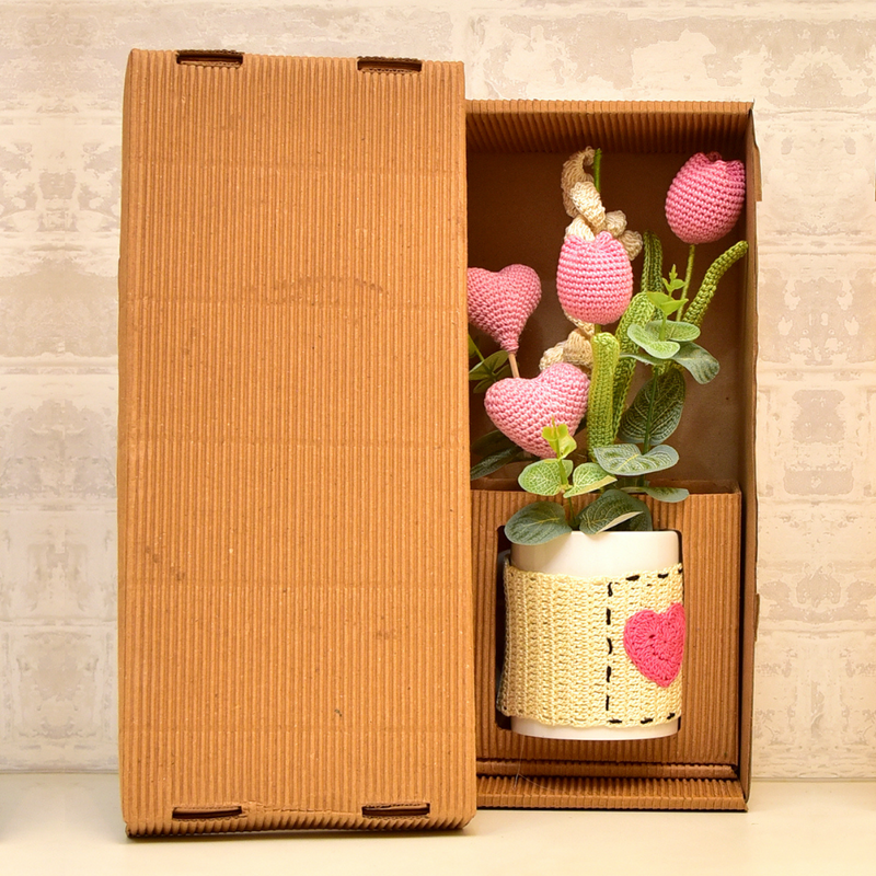 Handcrafted Crochet Heart & Tulip Mug  Bouquet
