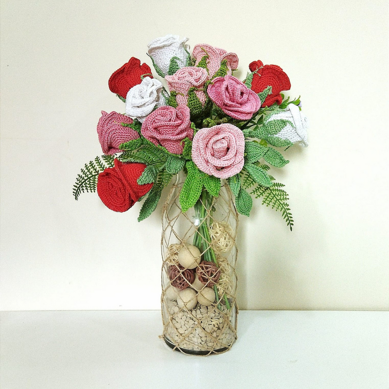 Handcrafted Crochet Rose Flowers - Light Pink, Dark Pink, Cream and Red