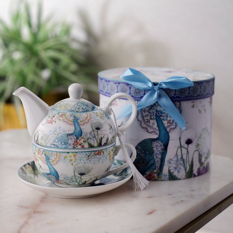 Royal Peacock Kettle, Teacup & Saucer Set