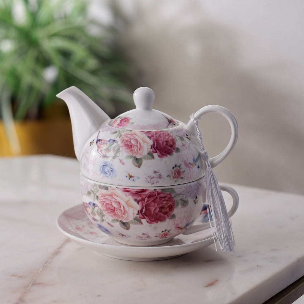 Vintage Roses Kettle, Teacup & Saucer Set