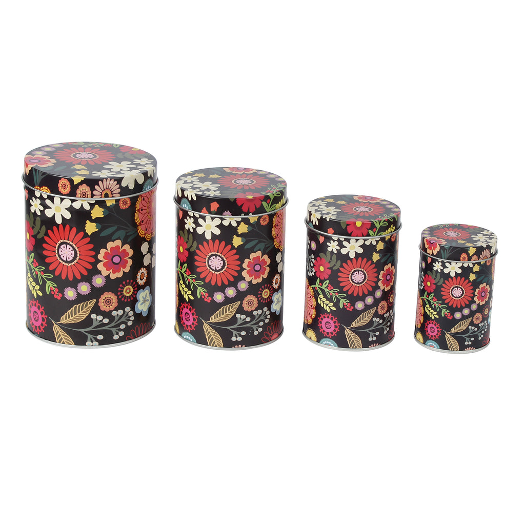 Long Floral Storage Tins - Black (Set Of 4)