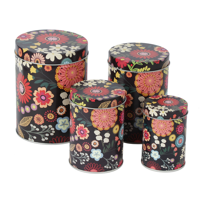 Long Floral Storage Tins - Black (Set Of 4)