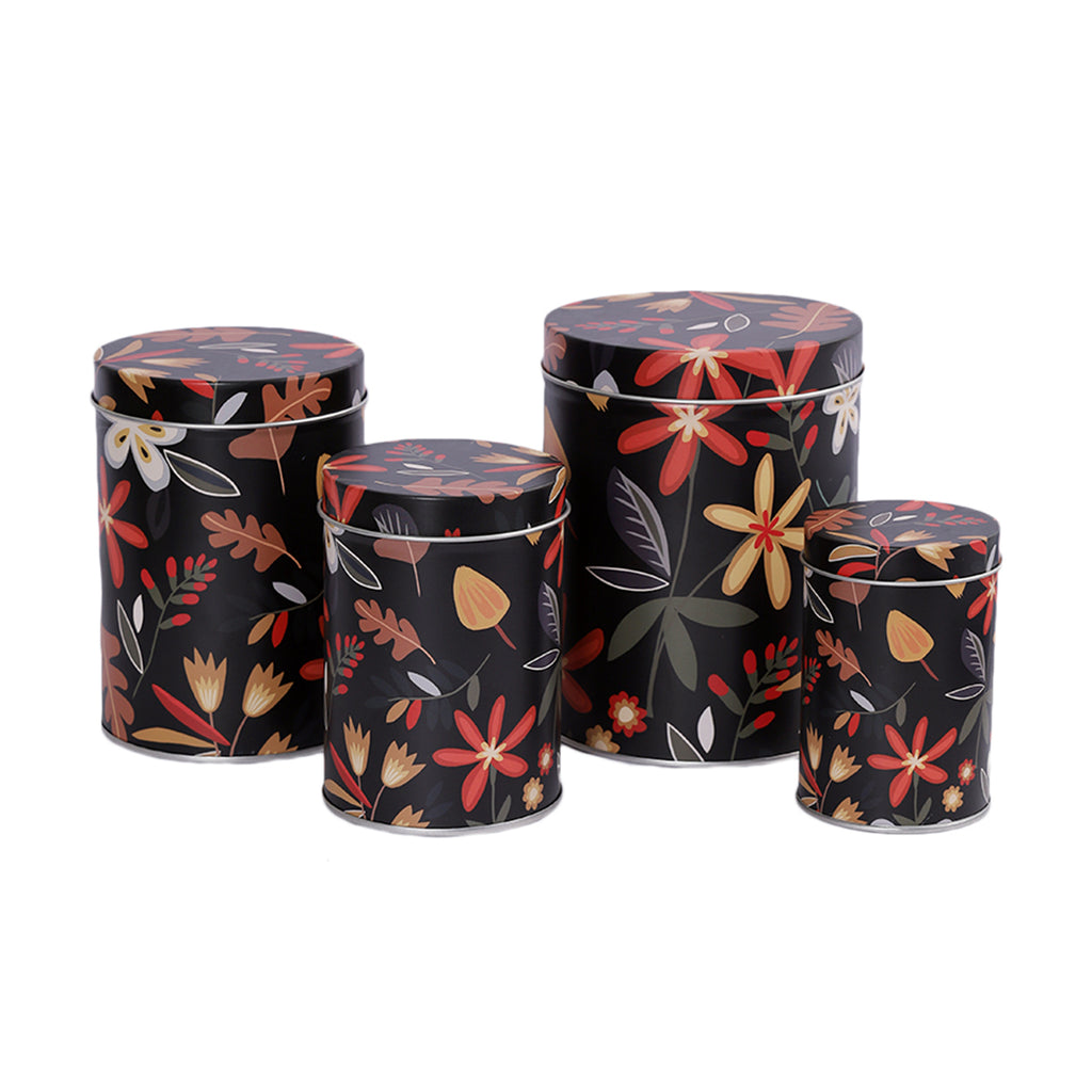 Long Dark Floral Storage Tins - Black (Set of 4)