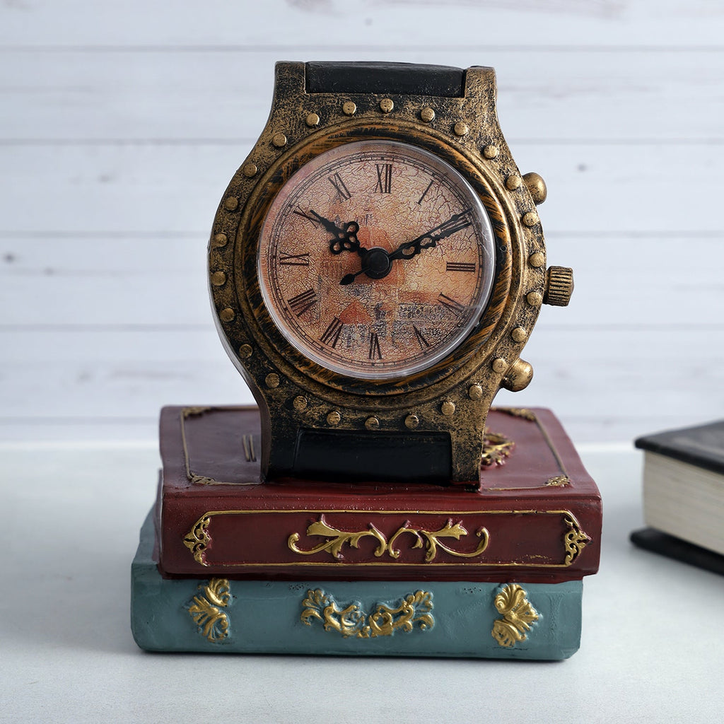 Vintage Clock & Books Tabletop Accent -  Gold