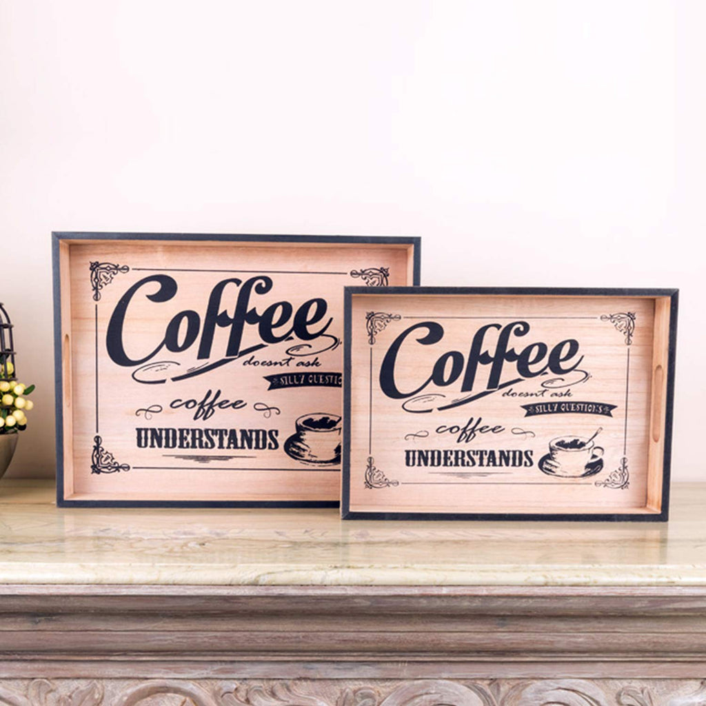 Vintage Coffee Wooden Serving Trays (Set Of 2)