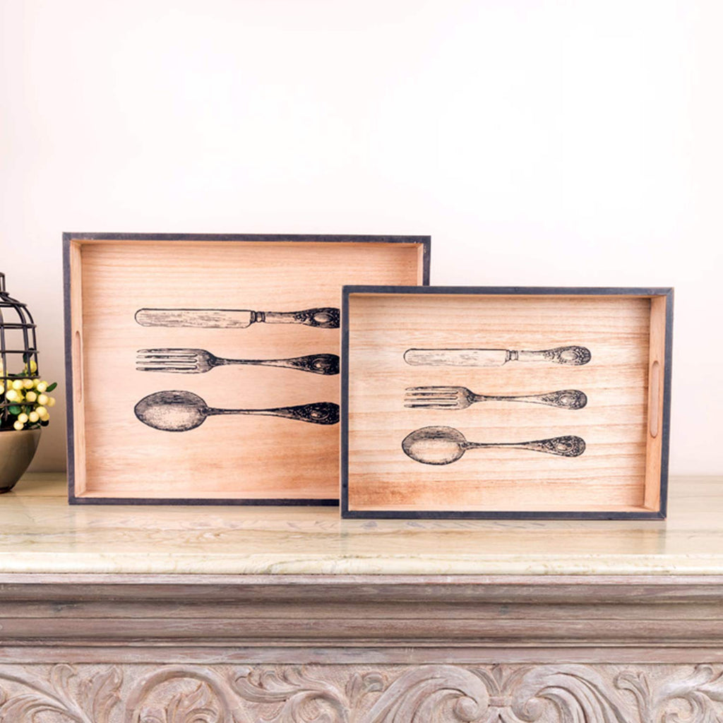 Vintage Spoon And Fork Wooden Serving Trays (Set Of 2)