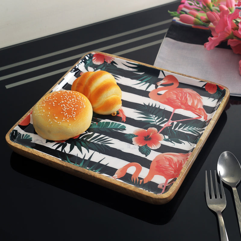 Tropical Flamingo Wooden Serving Platter - Square