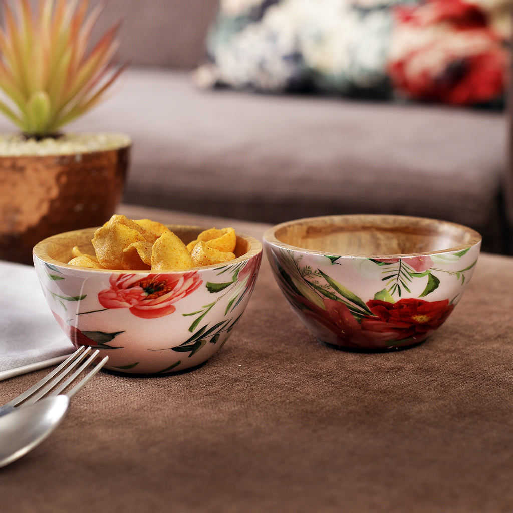 Vintage Floral Wooden Serving Bowls (Set of 2)