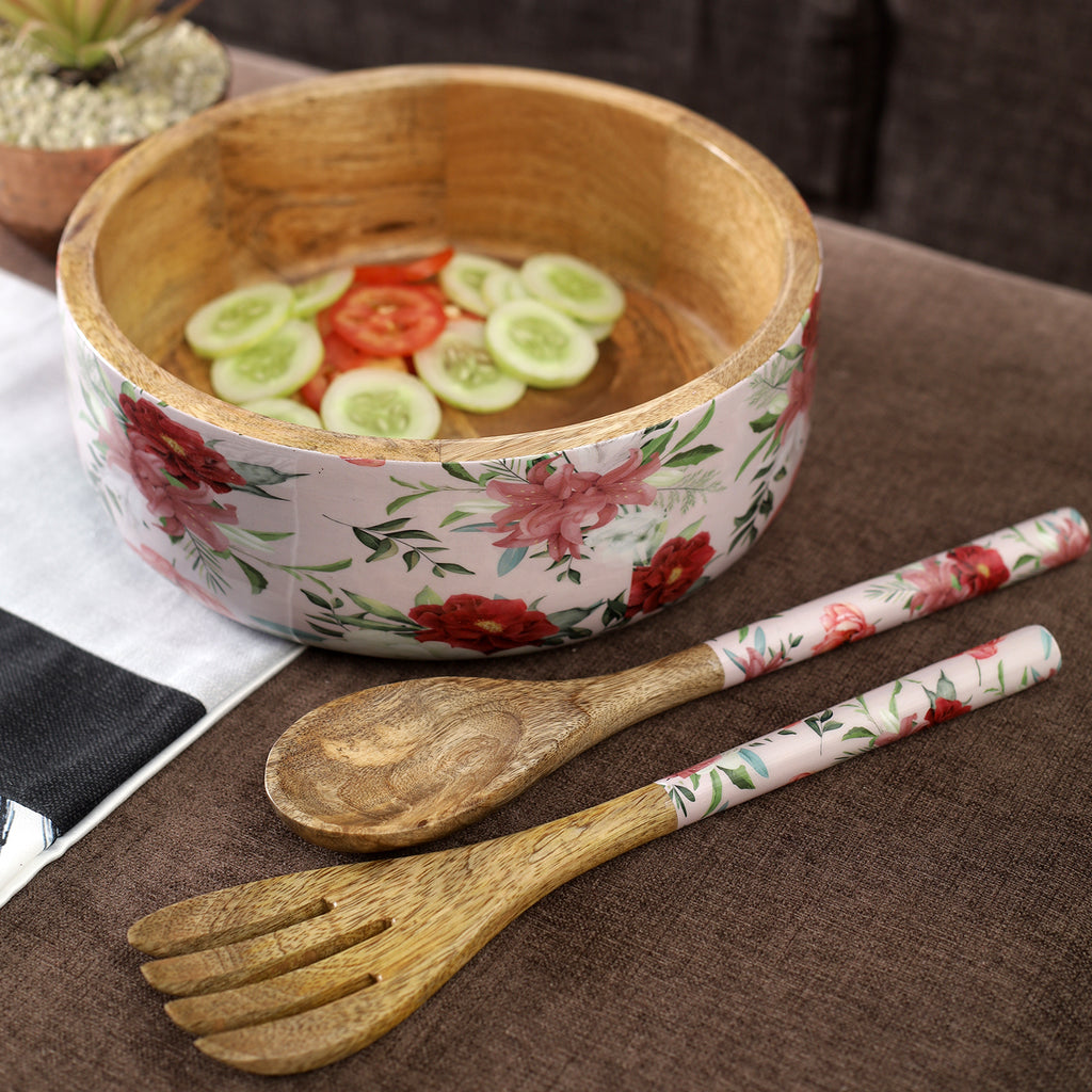 Vintage Floral Wooden Salad Bowl with Servers Set