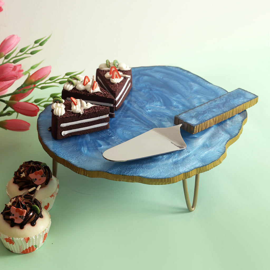 Granite Texture Cake Stand with Server - Blue