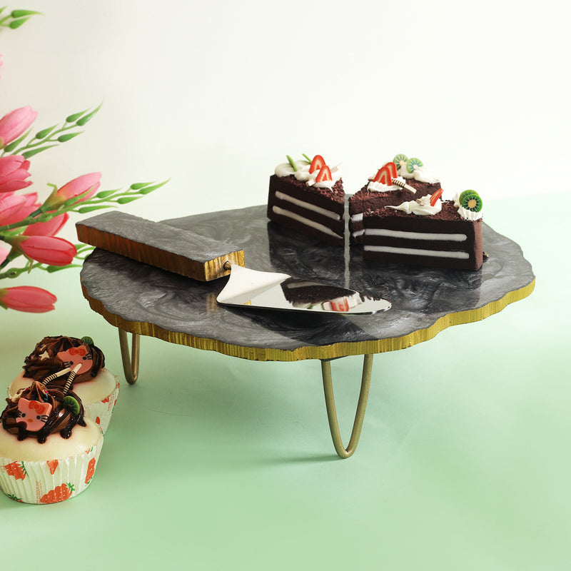 Granite Texture Cake Stand with Server - Black