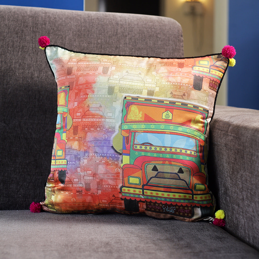 Truck with Pom-Poms Cushion Cover