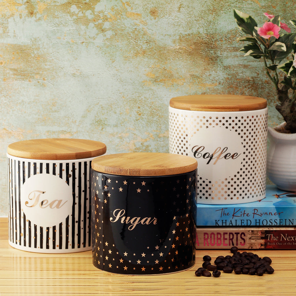 Ceramic Kitchen Storage Jars with Airtight Wooden Lids (Set of 3)