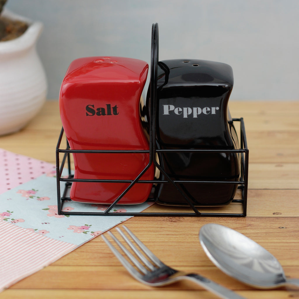 Red and Black Salt and Pepper Set with Iron Basket