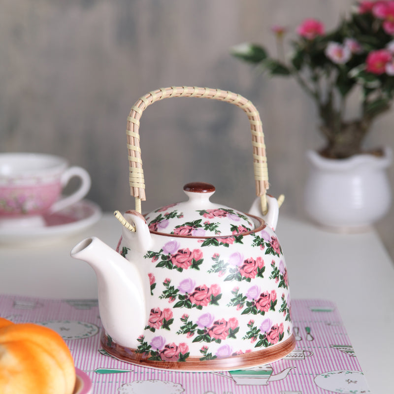 Bright Pink And Green Floral Ceramic Tea Pot