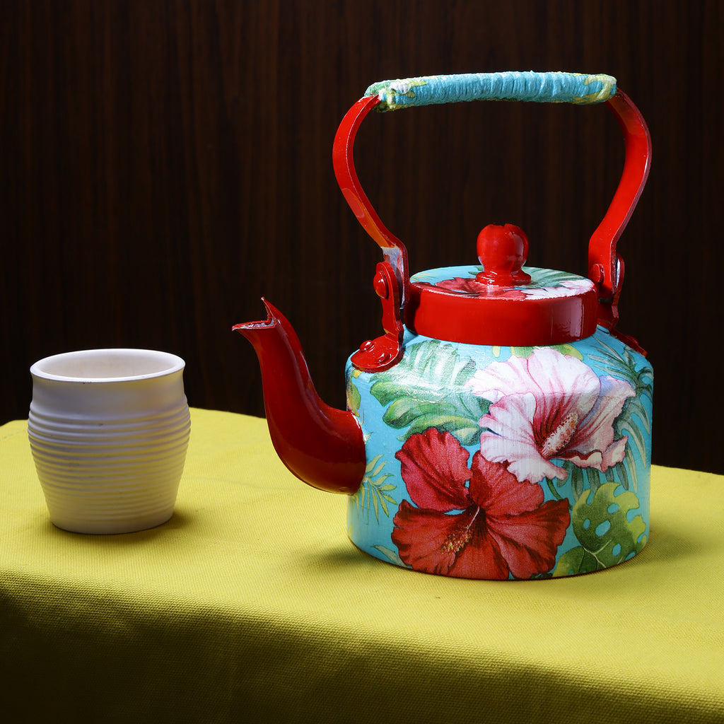 Green & Red Floral Metal Kettle