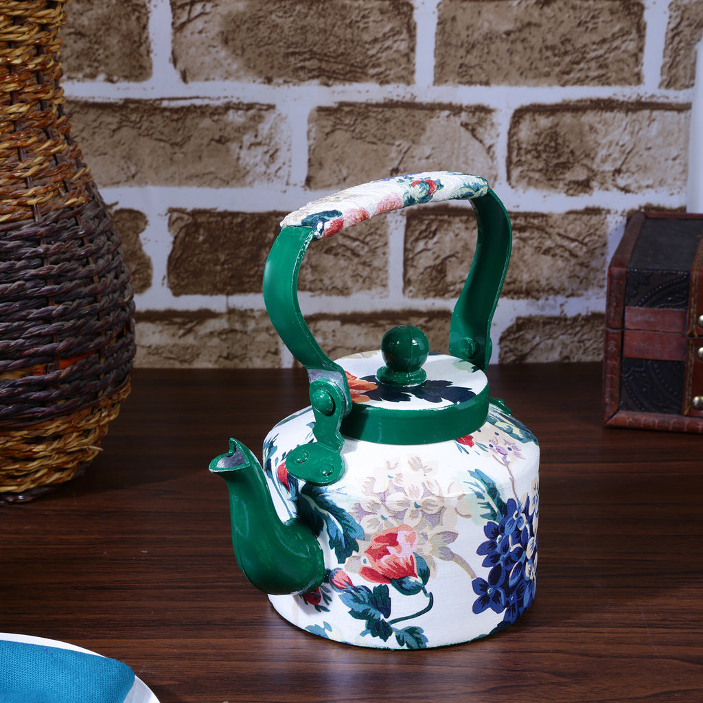 White & Green Floral Metal Kettle