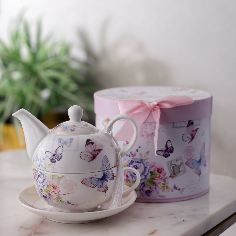 Pretty Butterflies Kettle, Teacup & Saucer Set