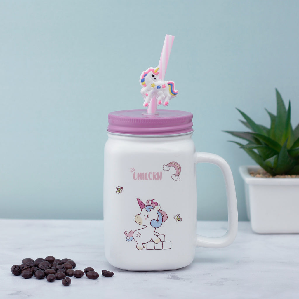 Rainbow Unicorn Ceramic Mason Jar