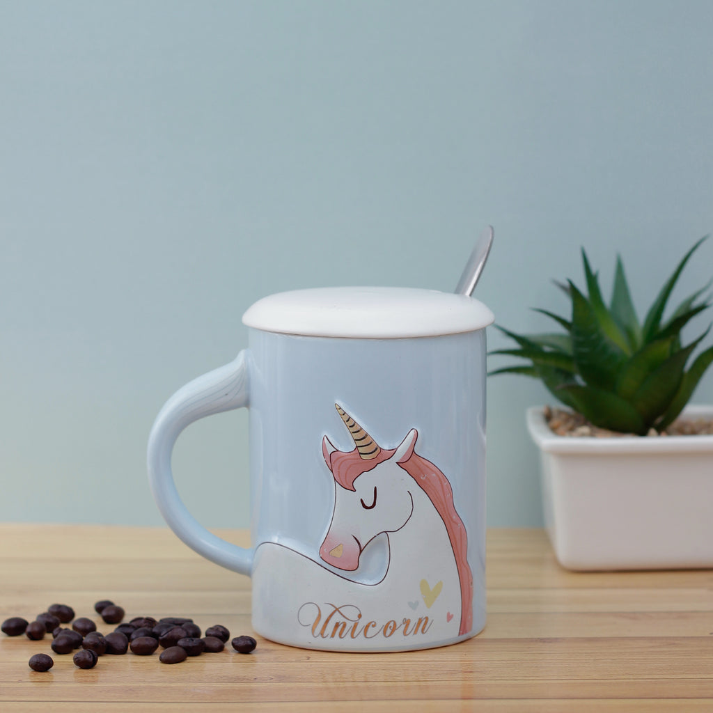 Blue Unicorn Mug with Lid & Spoon