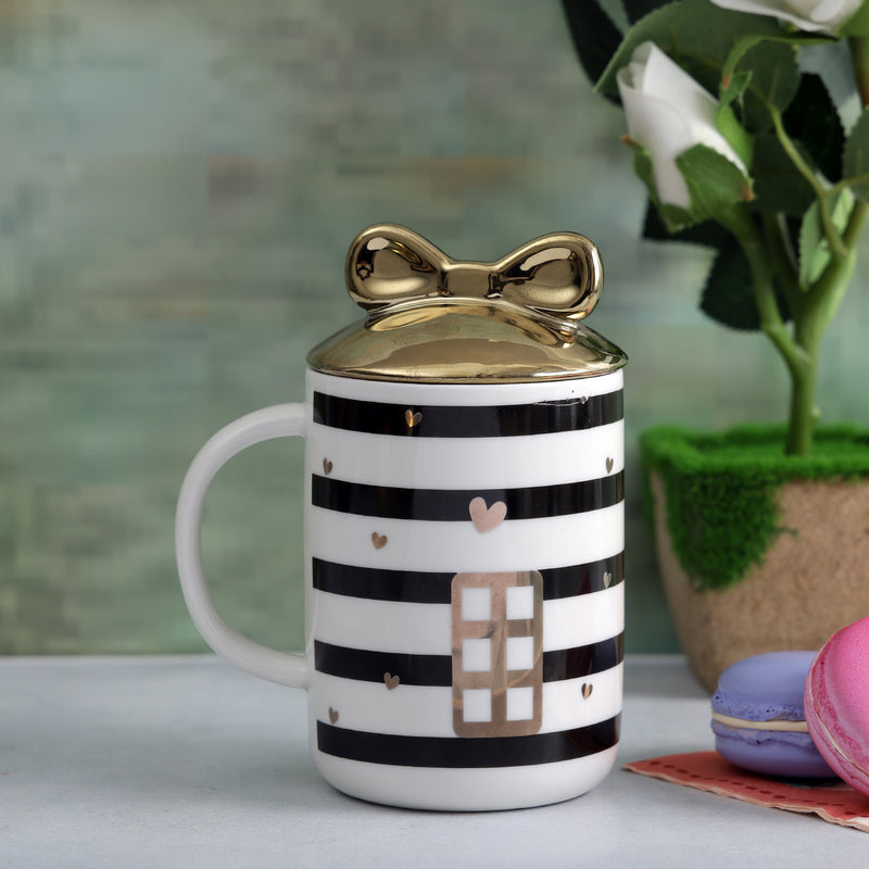 Cute Striped Mug with Bow Lid - Black/Door