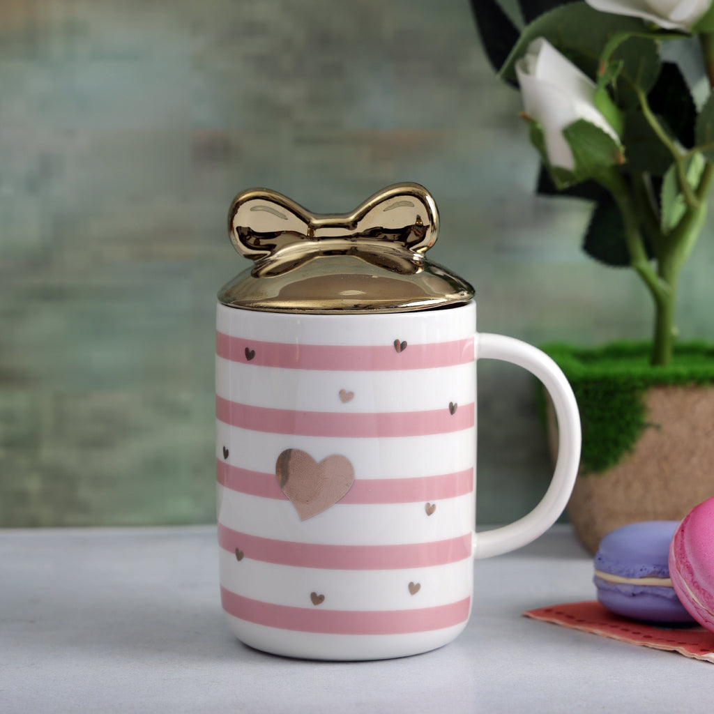 Cute Striped Mug with Bow Lid - Pink/Heart