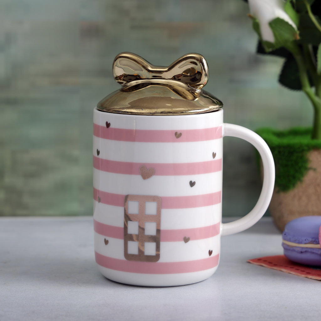 Cute Striped Mug with Bow Lid - Pink/Door