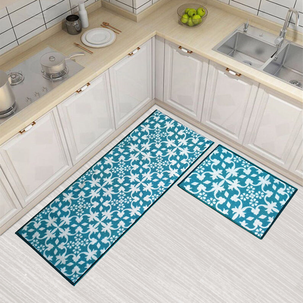 Floral Motif Tile Floor Mats - Turquoise