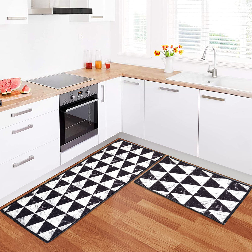 Geometric Marble Triangles Floor Mats - Black and White