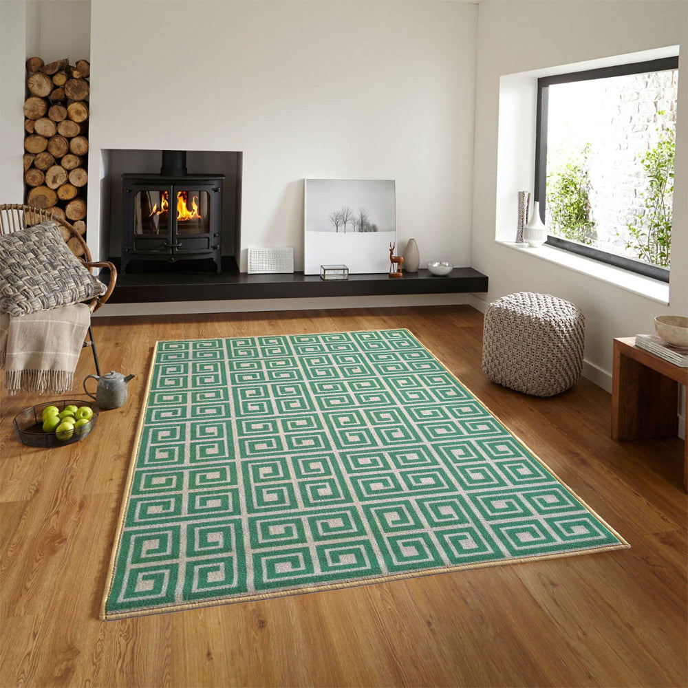 Greek Symmetric Key Rug - Green and Beige