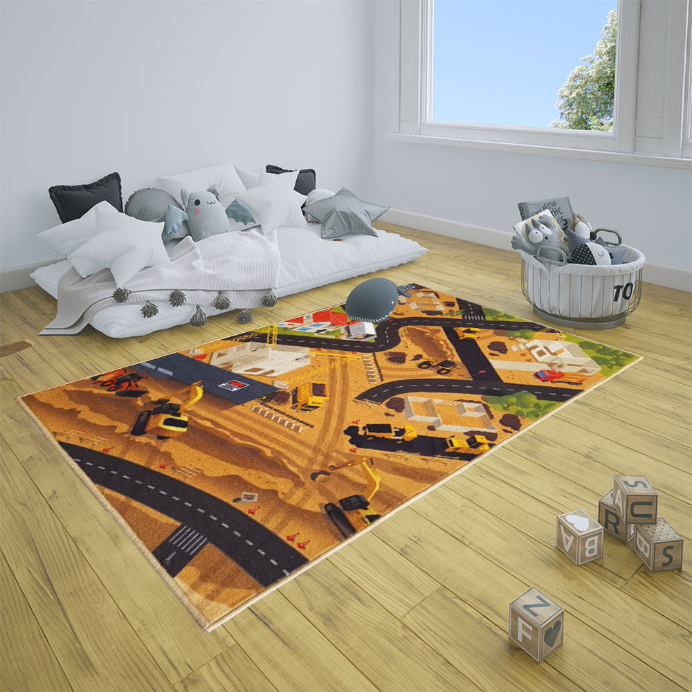 Kids Construction Site Track Rug - Brown