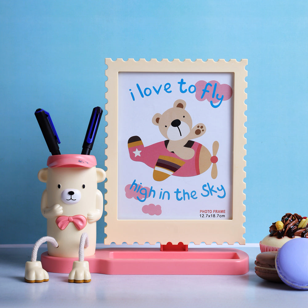 Teddy Desk Organizer & Photo Frame Set - Cream