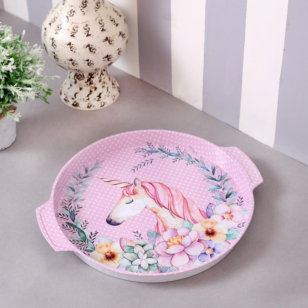 Round Pink King Unicorn Metal Tin Tray