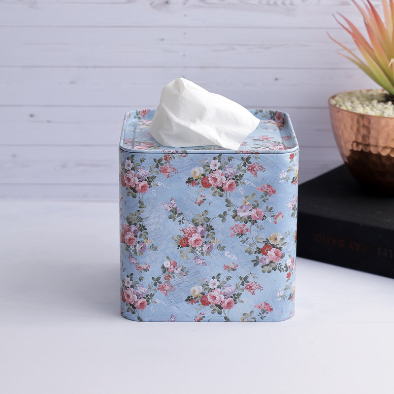 Square Blue Floral Tissue Box