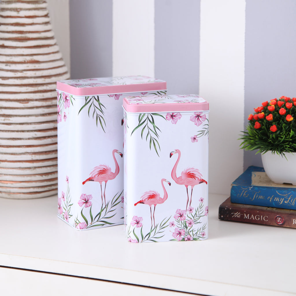 Tall White Flamingo Metal Tins (Set Of 2)